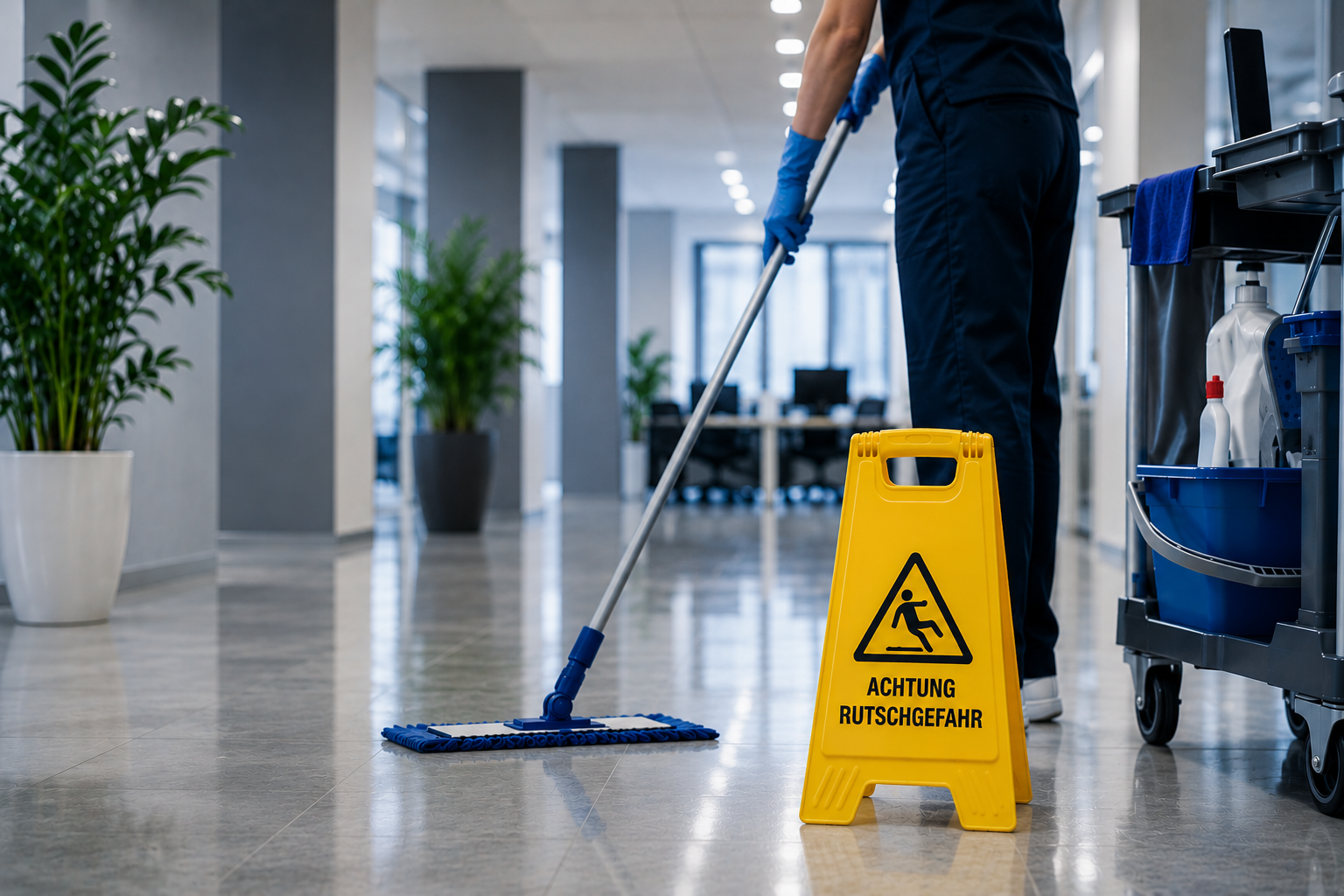Reinigungskraft bei der Arbeit im Bürogebäude